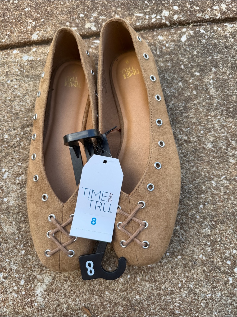 Time and Tru Tan Suede Lace-Detail Ballet Flats